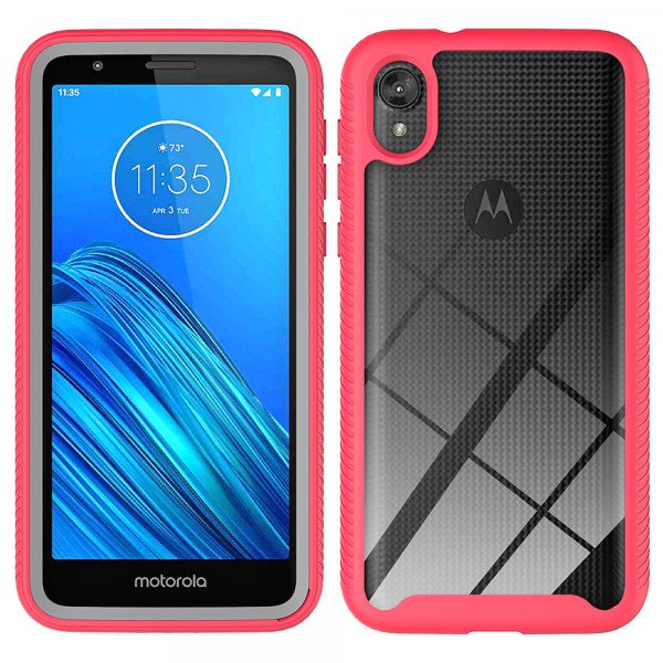 Wholesale Motorola Moto E6 Clear Dual Defense Hybrid Case (Hot Pink)